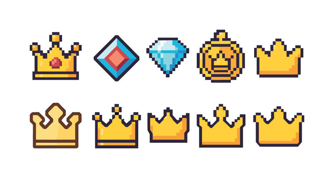 Pixel art crown and jewel icon set. Retro gaming style pixelated collection