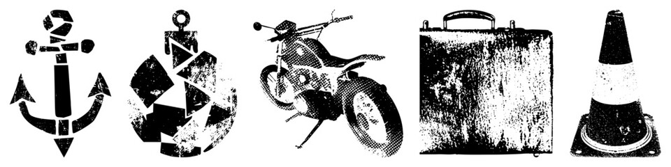 Obraz premium Set of five anchor, recycling symbol, motorcycle, suitcase, traffic cone. Vector graphic with halftone texture and distressed effect. Isolated foreground elements.