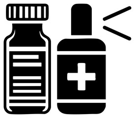 Obraz premium Black vector of medicine bottle and first aid kit, health care symbols, pharmacy essentials, medical supplies, healthcare graphic elements.