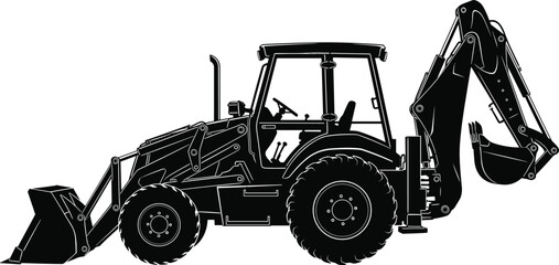 Black silhouette of backhoe loader tractor with front shovel and rear excavator bucket isolated on white background, heavy construction machinery equipment for earthmoving works. © Momotaj
