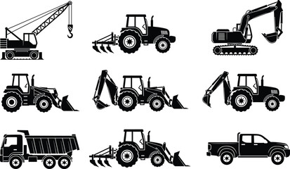 Black silhouette set of heavy construction machinery and agricultural vehicles including excavator, crane, tractor, backhoe loader, and dump truck isolated on white background. © Momotaj
