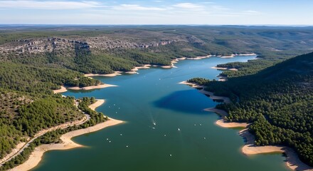 Fototapeta premium Aerial view of scenic lake surrounded by hills and lush green trees under daylight