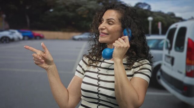 Woman holds blue telephone handset and points finger in parking lot; immediate customer service connection.