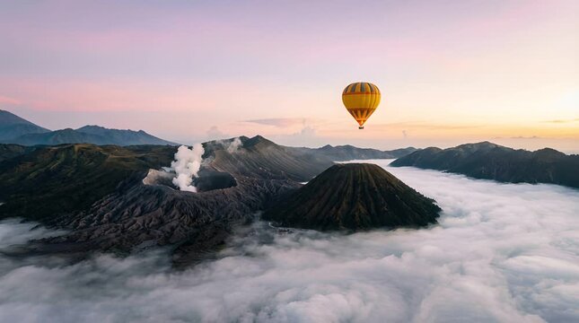 Yellow Hot Air Balloon Above Mount Bromo East Java Surrounded by Misty White Clouds and Pink Sky at Sunrise
