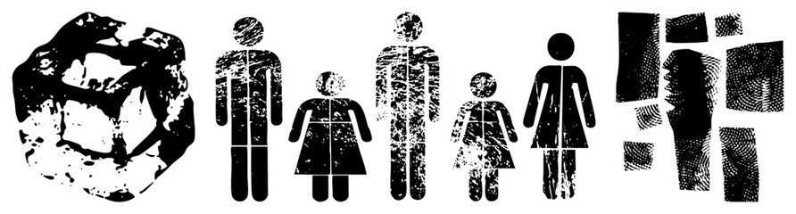 Stylized human silhouettes with distressed texture, abstract fragmented forms, vector, design, graphic elements, isolated symbols, glyph art.