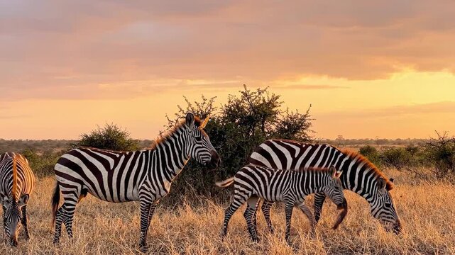 Golden hour wildlife. Zebras grazing in dry African savanna at sunset light. Perfect for nature documentaries or travel promotions.