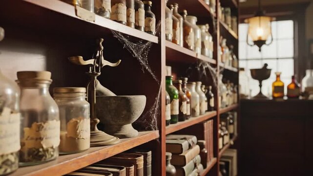 Shelves of potion bottles, labeled and containing herbs, scale, mortar, and books with a window