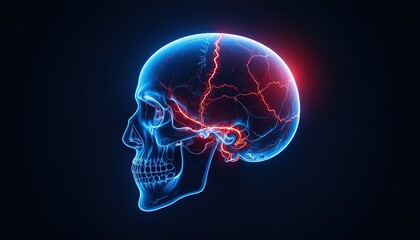 Glowing Blue and Red Skull Illustration on Dark Background