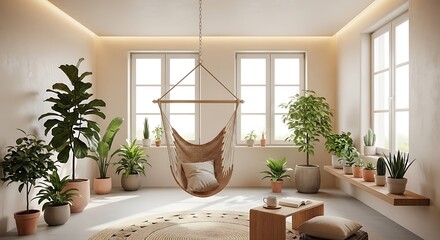 Fototapeta premium Cozy Boho Living Room with Hanging Chair and Abundant Green Plants.