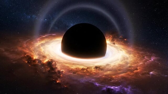 Cosmic black hole surrounded by swirling nebula and stars.