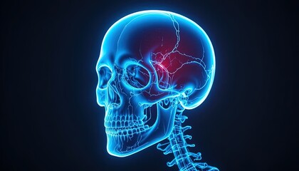 Medical Illustration of a Human Skull and Upper Cervical Spine with Blue Illumination and Red Focal Point