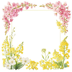 Obraz premium 可憐な春の花で縁取られた水彩風フレーム背景イラスト素材｜パンジー・チューリップ・ネモフィラ・桜など多彩な花で構成された春向け装飾