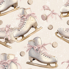 seamless pattern of white and pink ice skating skates with ribbons, glitter, and gold confetti on a light beige background.
