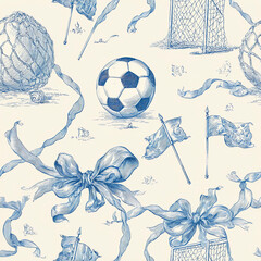 a blue and white pattern with soccer balls, ribbons, flags, goal posts, footballs, and gifts, on an off-white background.