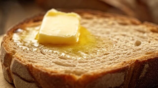 Close up of a slice of toasted bread with a melting pat of butter.