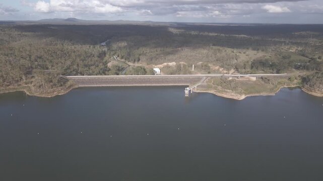 Panning aerial of Fred Haigh dam in Queensland Australia