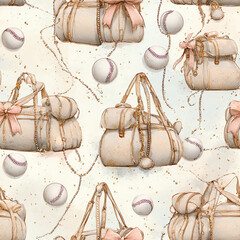 seamless pattern of baseballs and white beige-colored handbags with gold chains, pink bows, and glittery, sparkly elements