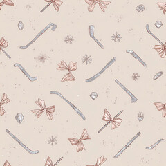 hand-drawn illustration of hockey sticks and bows scattered on a beige background, with small diamonds, crystals, and pastel pink, brown, and white colors.