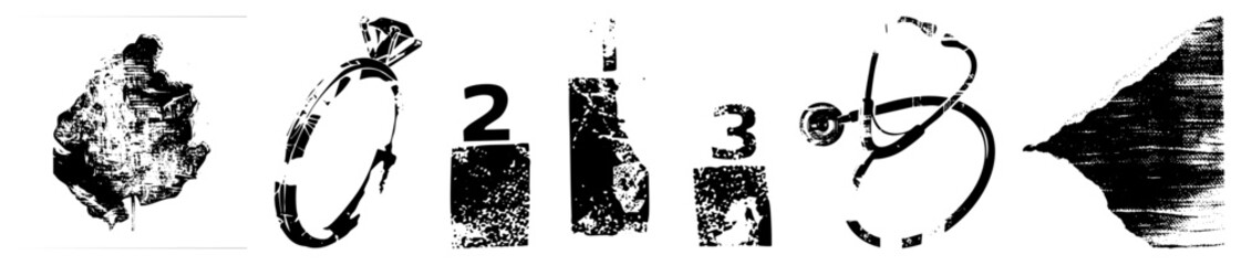 Vectorized stylized including leaf, ring, numbers, stethoscope, and abstract shapes, rendered with halftone noise texture, isolated foreground elements.