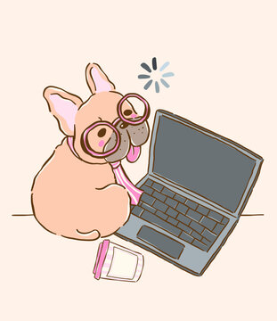 Sleepy French bulldog work from home on Laptop lazy burnt out dog cartoon hand drawn whimsical derp funny struggle illustration