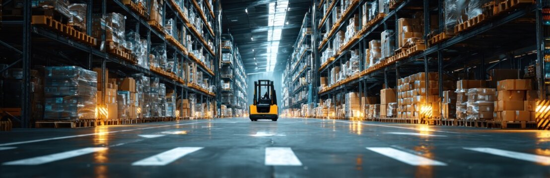 A warehouse interior with high shelving stacked with goods and a yellow forklift
