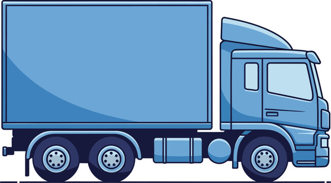 Stylized blue semitruck with a large blank cargo box side view vector illustration.