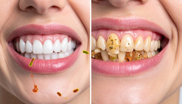 A comparison showcasing the difference between healthy and unhealthy teeth. The image highlights the visual contrast, with one set of teeth appearing clean and bright.