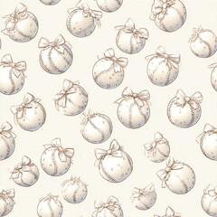 hand-drawn illustration of white baseballs with bows, pattern on a cream background, seamless design, perfect for fabric printing