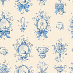 blue and white vintage french toile-style pattern with ribbon bows, mirror frames, tinsel, and trophy motifs on a cream background.
