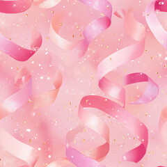 seamless pattern of pink ribbons and glitter on a light background, pastel color scheme, vector illustration, flat design, digital art, digital drawing