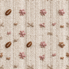 a light cream-colored knitted sweater with small pink flowers and brown footballs on it, in a seamless pattern.