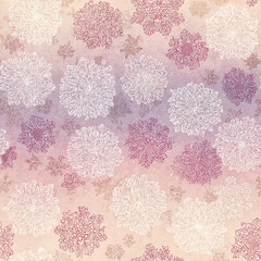 a pattern of delicate lace-like snowflakes in shades of pale pink and purple, on an old, faded background with soft watercolor washes.