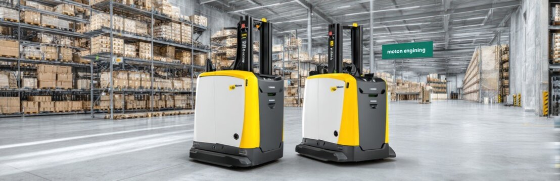 Two electric pallet trucks in a warehouse, shelves filled with boxes in the background