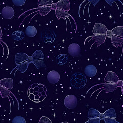 a seamless pattern with holographic bows and soccer balls, their colors shifting from purple to blue neon, against a midnight background