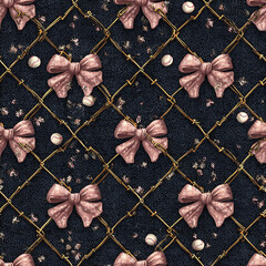 3d pink bows on denim with a gold chain, creating a seamless pattern, embellished with pearls and diamonds.