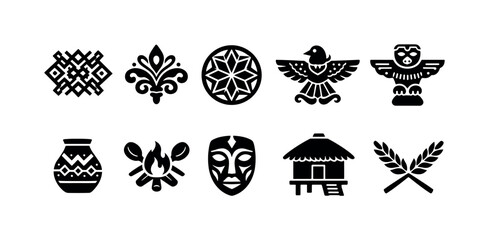 Obraz premium Cultural, tribal solid icon set. Ethnic, traditional symbols in solid style collection
