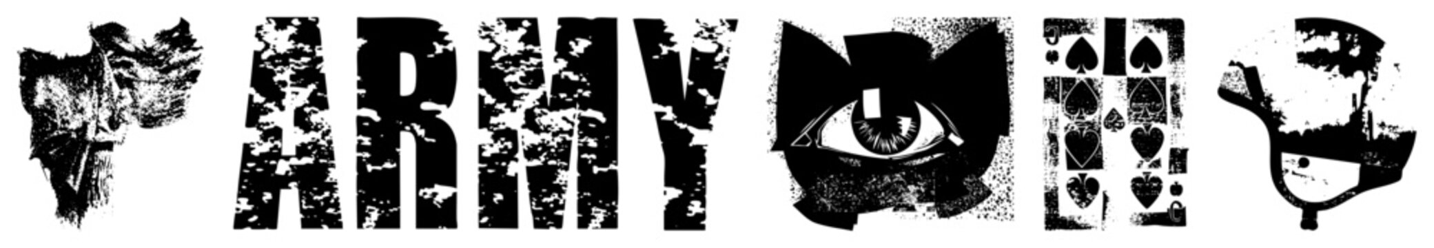 Distressed military insignia, gritty "ARMY" typography, stylized eye emblem, playing card suits, helmet silhouette all in high contrast stencil style.