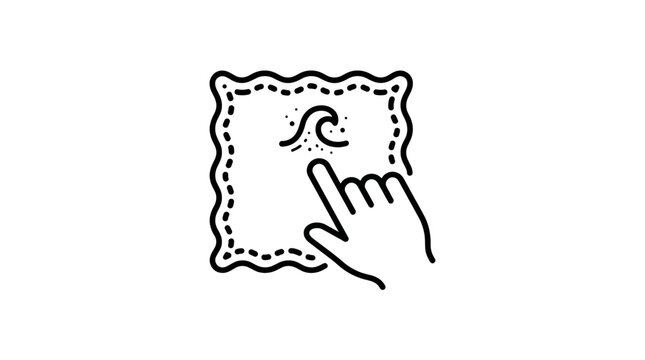 Hand touching textured fabric surface icon. Tactile sensory stimulation and stimming behavior for neurodivergent comfort. Flat line art vector.