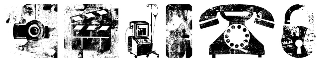 Obraz premium Retro cinema clapperboard, rotary telephone, hospital monitor, camera lens, padlock symbols, distressed halftone vector, isolated graphic elements.