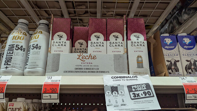 Guadalajara, Mexico; February 2, 2026; Photo of Santa Clara purple milk inside a Bodega Aurrera store, while grocery shopping for the home.