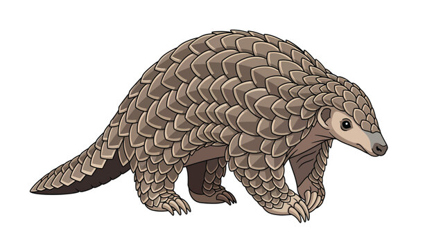 Detailed pangolin illustration. Scaly anteater mammal walking. Endangered wildlife animal isolated on white background.
