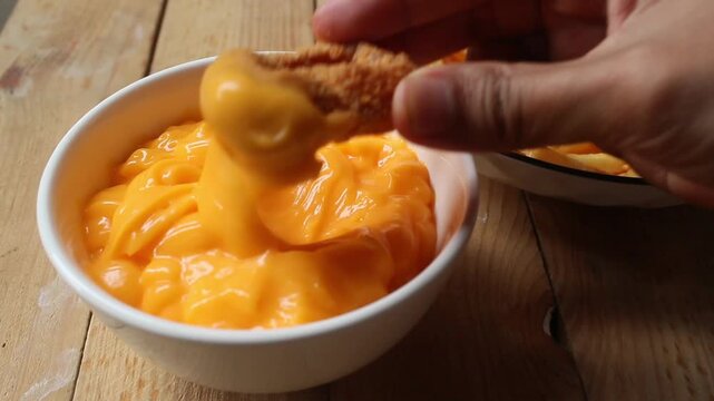 close up of dipping chicken nugget into cheese sauce
