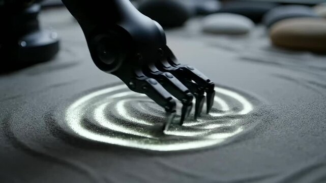 Neural network trading algorithm visualizing complex data patterns with robotic arm in illuminated sand, representing advanced automation and future financial technology, close-up shot.
