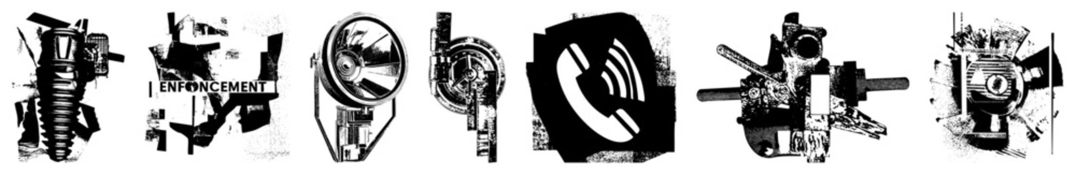 Retro enforcer badge, law enforcement gear, police insignia, security symbols, vector, black and white, stylized gear, isolated elements.