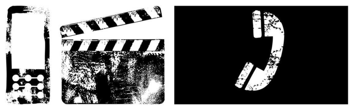 Retro cinema symbols including clapperboard, telephone receiver, and smartphone, halftone texture, distressed style, film industry.