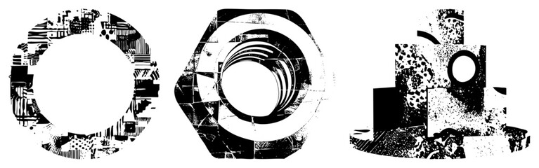 Obraz premium Vectorized mechanical components with glitched textures, circular and hexagonal shapes, industrial design, stylized hardware, graphic elements.