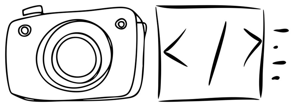 Sketch style camera beside HTML tag symbol, digital design elements, vector graphic, creative tech concept, minimalist art.