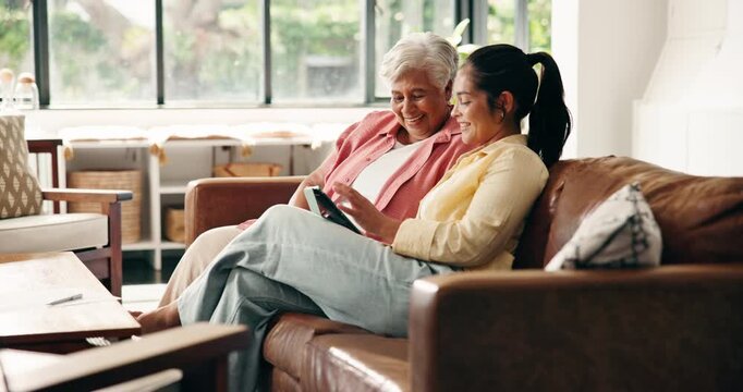Senior mother, adult daughter or tablet on couch with smile, browse social media or bonding together. Elderly mom, woman and happy in home with tech, online entertainment and conversation on weekend.