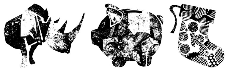 Obraz premium Abstract animal and holiday rendered in geometric fragments, halftone texture, vector art, graphic design elements, stylized shapes.