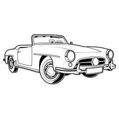 Obraz premium Vintage convertible sports car vector outline. Luxury roadster black and white illustration. Perfect for retro summer designs, wedding invitations, and coloring books